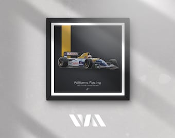 May include: Framed print of a Williams Racing Formula 1 car, featuring a yellow and blue design with sponsor logos. The artwork is set against a dark background with a yellow vertical stripe. The text "Williams Racing" is displayed below the car.