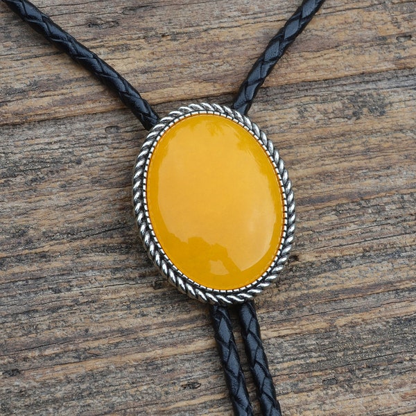 Natural Yellow Jade Bolo Tie - Oval - Customizable Cord Color, Tips and Length - Ask About Gold Tips - Express Yourself!