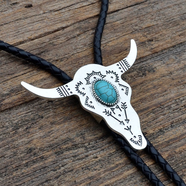 Cow Skull With Genuine Turquoise Cabochon Bolo Tie - Customizable Cord Color, Tips and Length - Ask About Gold Tips - Express Yourself!