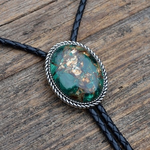 Manufactured Copper Malachite Bolo Tie - Oval - Customizable Cord Color, Tips and Length - Ask About Gold Tips - Express Yourself!