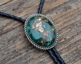 Manufactured Copper Malachite Bolo Tie - Oval - Customizable Cord Color, Tips and Length - Ask About Gold Tips - Express Yourself!