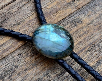 High Grade Labradorite Stone Bolo Tie - Customizable Cord Color, Tips and Length - Ask About Gold Tips - Express Yourself!