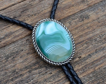 Green Banded Agate Bolo Tie - Oval - Customizable Cord Color, Tips and Length - Ask About Gold Tips - Express Yourself!