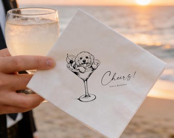 ペットのポートレートをプリントしたカクテルナプキン、パーソナライズされたウェディングバーウェア