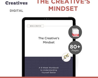 Puede incluir: Un libro de trabajo digital titulado "The Creative's Mindset" que se muestra en una tableta. La portada presenta el texto "The Creative's Mindset" y "A 6-Week Workbook to Understanding Yourself Better". Incluye un icono PDF e indica "80+ Páginas".