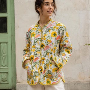 Quilted Jacket, Floral Block Print Cotton with Two Functional Pockets