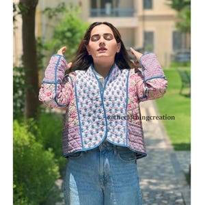 Quilted Jacket, Handmade Cotton Indian Block Print Floral Patchwork