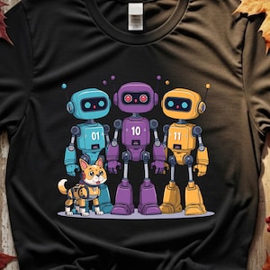 May include: Black t-shirt featuring a colorful graphic of three robots and a dog. The robots are blue, purple, and yellow, each with a unique number. The dog is orange and yellow. A fun, cartoon-style design.
