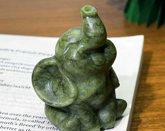 グリーン大理石象の置物クリスタル象の像石の動物の彫刻手彫り石象の