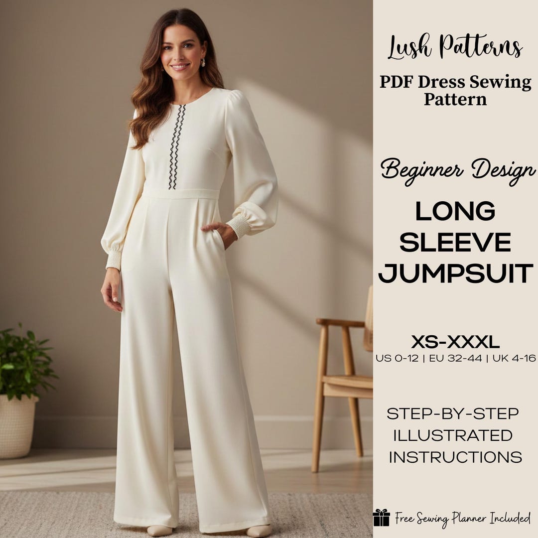 Wide Leg Jumpsuit Sewing Pattern | Long Sleeve, Beginner Friendly (PDF ...
