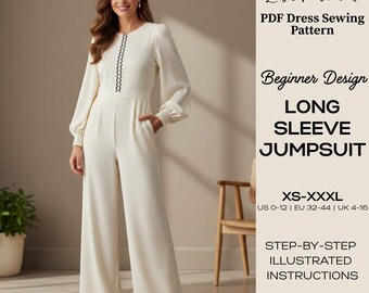 Patrón de costura para mono de pierna ancha y manga larga, ideal para principiantes (patrón PDF para tallas XS-XXXL)