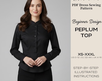 Patrón de costura para blusa peplum / Blusa con botones delanteros, ideal para principiantes (tallas XS-XXXL) (patrón en PDF)