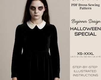 Patrón de costura para vestido gótico negro inspirado en Miércoles Addams/disfraz de Halloween (descarga en PDF, tallas XS-XXXL)