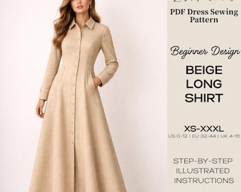 Patrón de costura para vestido camisero largo / Apto para principiantes (XS-XXXL) (Patrón PDF)