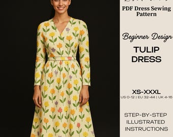 Patrón de costura en PDF para vestido midi sin mangas de corte línea A con botones al frente – Descarga digital, tallas XS–XXXL