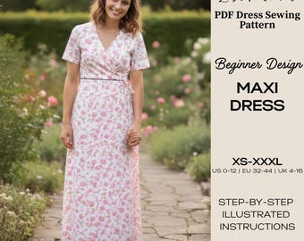 Patrón de costura para vestido largo cruzado con estampado floral / Apto para principiantes (tallas XS-XXXL) (Patrón PDF)