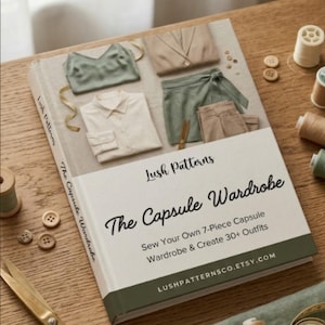 May include: A hardcover book titled Lush Patterns The Capsule Wardrobe Sew Your Own 7-Piece Capsule Wardrobe & Create 30+ Outfits. The cover features illustrations of a green camisole, a beige cardigan, a white button-down shirt, and green shorts.