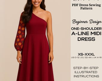 One-Shoulder A-Line Dress Sewing Pattern – Embroidered Sleeve (Digital Download, XS–XXXL)
