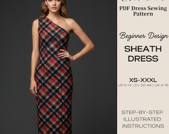 Patrón de vestido tubo en PDF / Patrón de vestido de un solo hombro / Vestido ajustado para principiantes / Patrón de costura para mujer / XS-XXXL