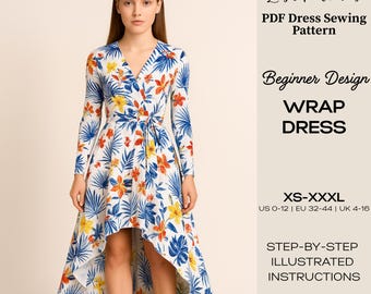Patrón de costura para vestido cruzado de corte alto y bajo: Manga larga, tallas XS-XXXL (Descarga digital en PDF)