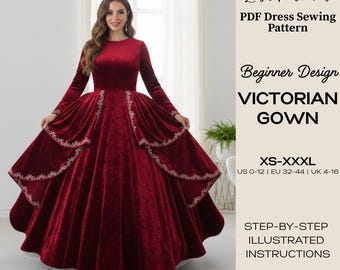 Patrón de costura para vestido de gala victoriano/vestido histórico, tallas XS-XXXL (patrón en PDF)
