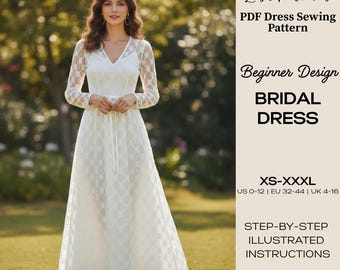Patrón de costura para vestido de novia de encaje, ideal para principiantes, manga larga (patrón PDF para tallas XS-XXXL)