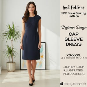 May include: A woman wearing a navy blue cap sleeve dress. The dress has a fitted bodice and a knee-length skirt. The image includes text that reads "Lush Patterns PDF Dress Sewing Pattern" and "CAP SLEEVE DRESS".