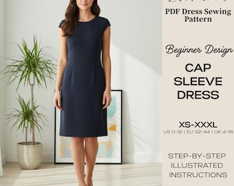 Patrón de costura para vestido con mangas cortas / Ajustado hasta la rodilla (Patrón PDF, tallas XS-XXXL)