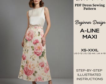 Patrón de costura para falda y top maxi en forma de A / Vestido floral para principiantes (descarga digital) XS-XXXL