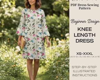 Patrón de costura para vestido hasta la rodilla, manga larga (patrón PDF)