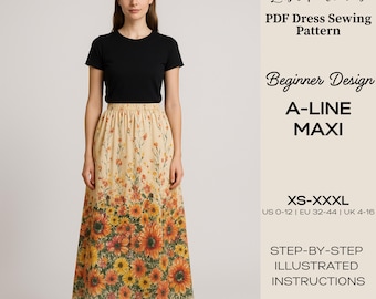 Patrón de costura para falda larga con flores silvestres / Cintura alta, para principiantes (Descarga digital, tallas XS-XXXL)