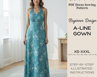 Patrón de costura para vestido corte A en PDF / Patrón de vestido largo con cuello halter / Vestido de noche para principiantes / Patrón de costura para mujer / Tallas XS a XXXL
