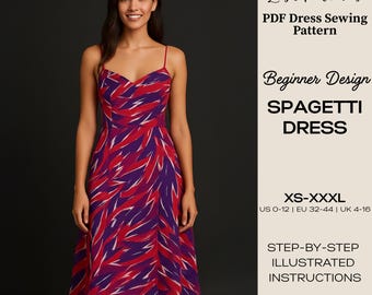 PDF Midi Dress Sewing Pattern | Spaghetti Strap Summer Dress (Beginner-Friendly Digital Download, XS–XXXL)
