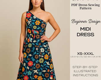 Patrón de costura en PDF para un elegante vestido midi de un solo hombro en tallas XS-XXXL
