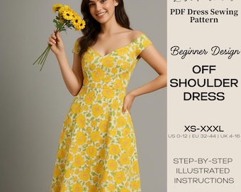 Corset Dress PDF Sewing Pattern | Lila Off-Shoulder Floral Dress (Digital Download, XS–XXXL)