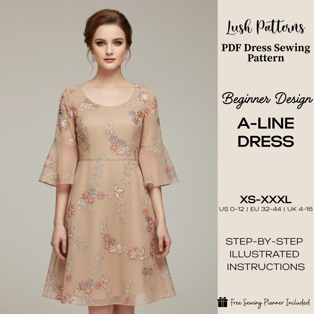 a line long sleeve dress pattern A-line Sewing | Flared Sleeve, Beginner Friendly (PDF Pattern XS–XXXL ) Halcyon Floral 3D Flower a puff long sleeve Cheap Prom Dress Size:Size 10