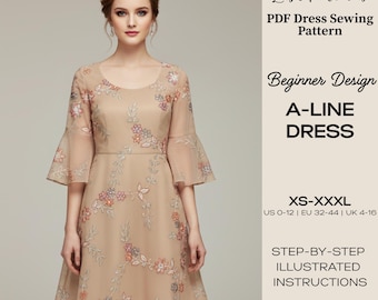 Patrón de costura para vestido de corte A con mangas acampanadas, ideal para principiantes (patrón PDF para tallas XS-XXXL)