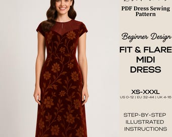 Patrón de costura para vestido midi ajustado y acampanado / Diseño elegante para principiantes (PDF, tallas XS-XXXL)