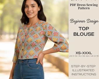 Patrón de costura Bloom Top en PDF: Blusa corta, mangas acampanadas (Descarga digital en PDF, tallas XS a XXXL)