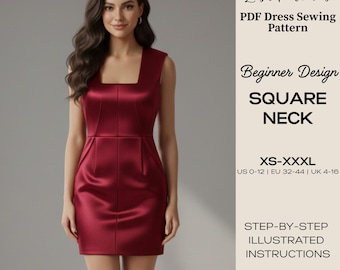 Patrón de costura para vestido de escote cuadrado (XS-XXXL) (Patrón PDF)