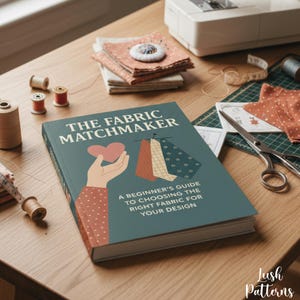May include: A teal book titled "The Fabric Matchmaker" with a heart and fabric swatches illustration. The book is on a wooden table with sewing supplies, including thread spools, fabric scraps, scissors, and a sewing machine in the background.