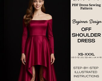 Patrón de costura para vestido de noche de satén con hombros descubiertos / Vestido de corte alto-bajo (Patrón PDF)