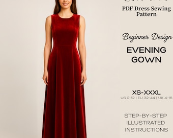 Patrón de costura en PDF para vestido de noche de terciopelo / Elegante vestido largo sin mangas (Descarga digital, XS–XXXL)