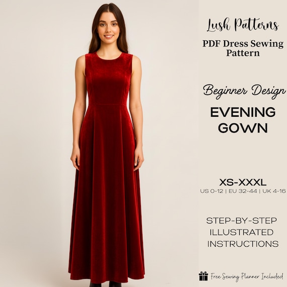 PDF Velvet Evening Gown Sewing Pattern | Elegant Sleeveless Maxi Dress  (Digital Download, XSXXXL)