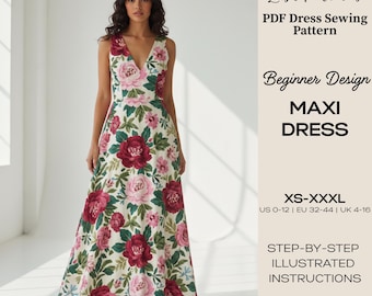 Patrón de costura para vestido largo en PDF / Vestido largo floral sin mangas con cuello en V / Patrón de costura para mujer principiante / Tallas XS-Xxxl / PDF imprimible
