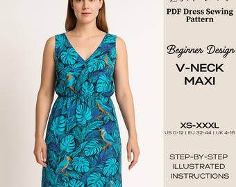 Patrón de costura para vestido largo sin mangas con escote en V (Descarga en PDF, tallas XS-XXXL)
