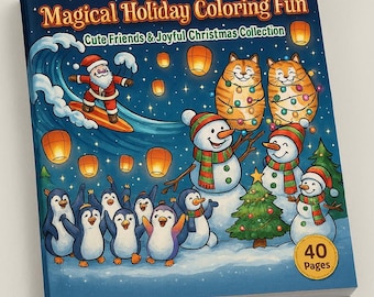 May include: A colorful coloring book titled "Magical Holiday Coloring Fun" with illustrations of Santa surfing, snowmen, penguins, and cats decorated with Christmas lights. The cover also features floating lanterns and a Christmas tree. The book has 40 pages.