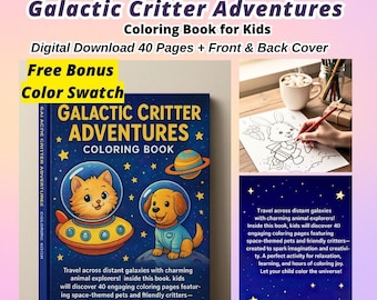 May include: A digital coloring book called "Galactic Critter Adventures" for children. The cover shows a cat and dog in space helmets. It includes 40 coloring pages, a front and back cover, and a colour swatch. The book aims to inspire imagination and creativity.