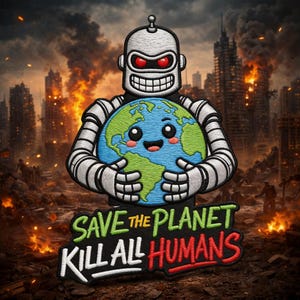 Save The Planet-robotpatch, donkere humor Apocalypse-robot, ecosatire, futuristisch meme