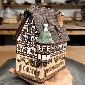 Handmade Half Timbered House Aroma Oil Burner – Ceramic Tea Light Holder Fairytale Style